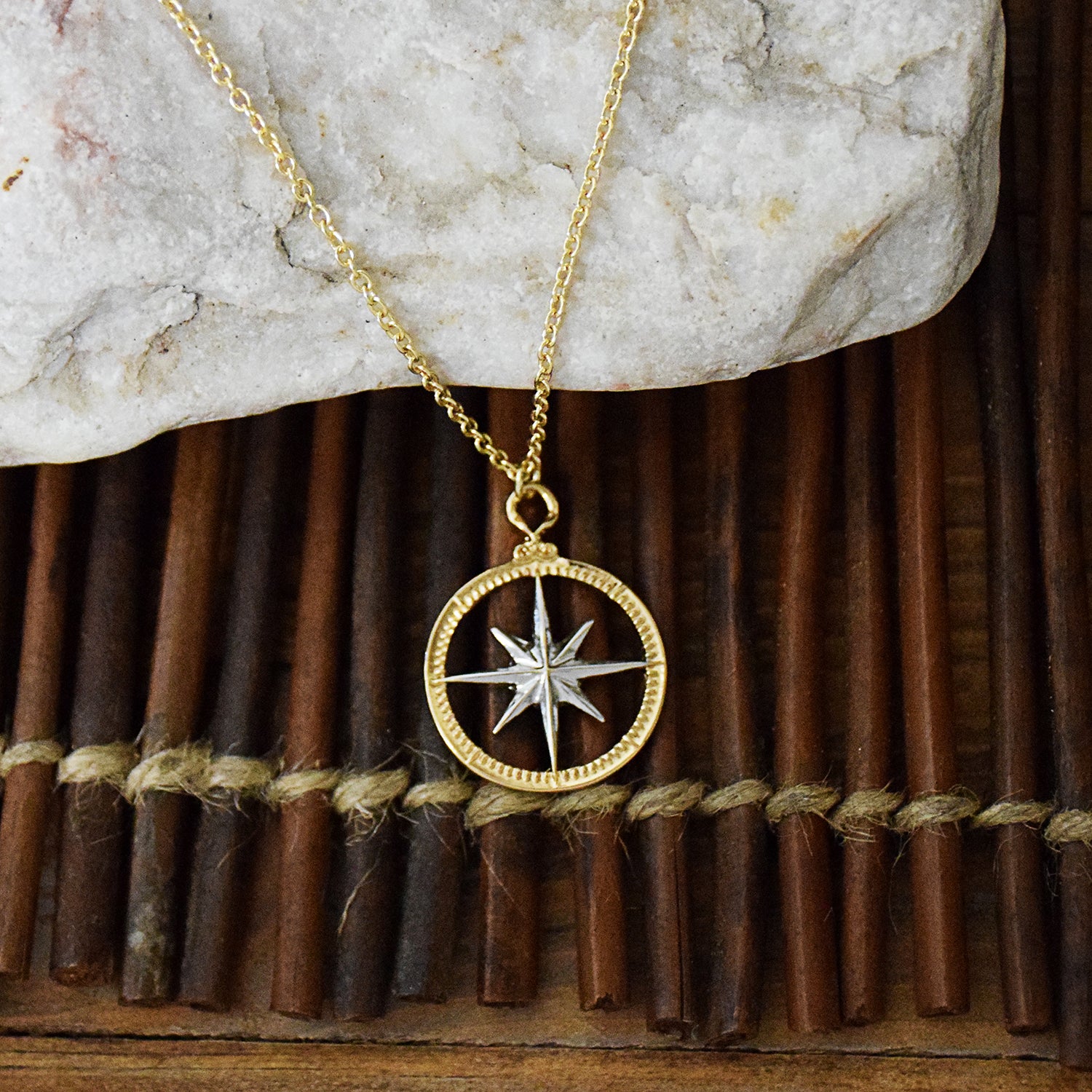Real 925 Silver / 14k Gold Plated North Star Compass Medallion Pendant  Necklace